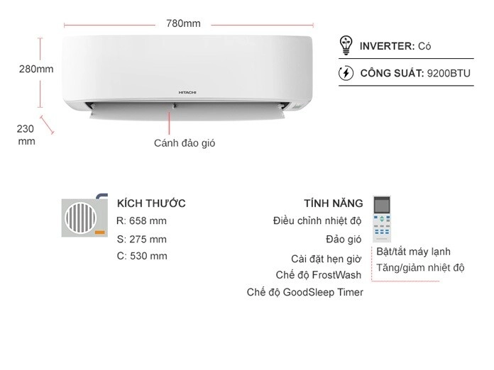 Thông số kỹ thuật máy lạnh Hitachi Inverter 1HP RAK/RAC-DJ10PCASVX