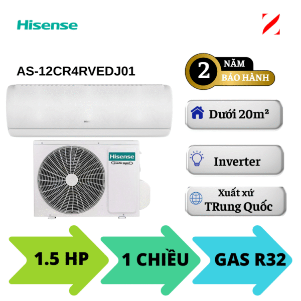 Máy lạnh Hisense Inverter 1.5HP AS-12TR4RGUUA00 12000btu một chiều Hi-nano