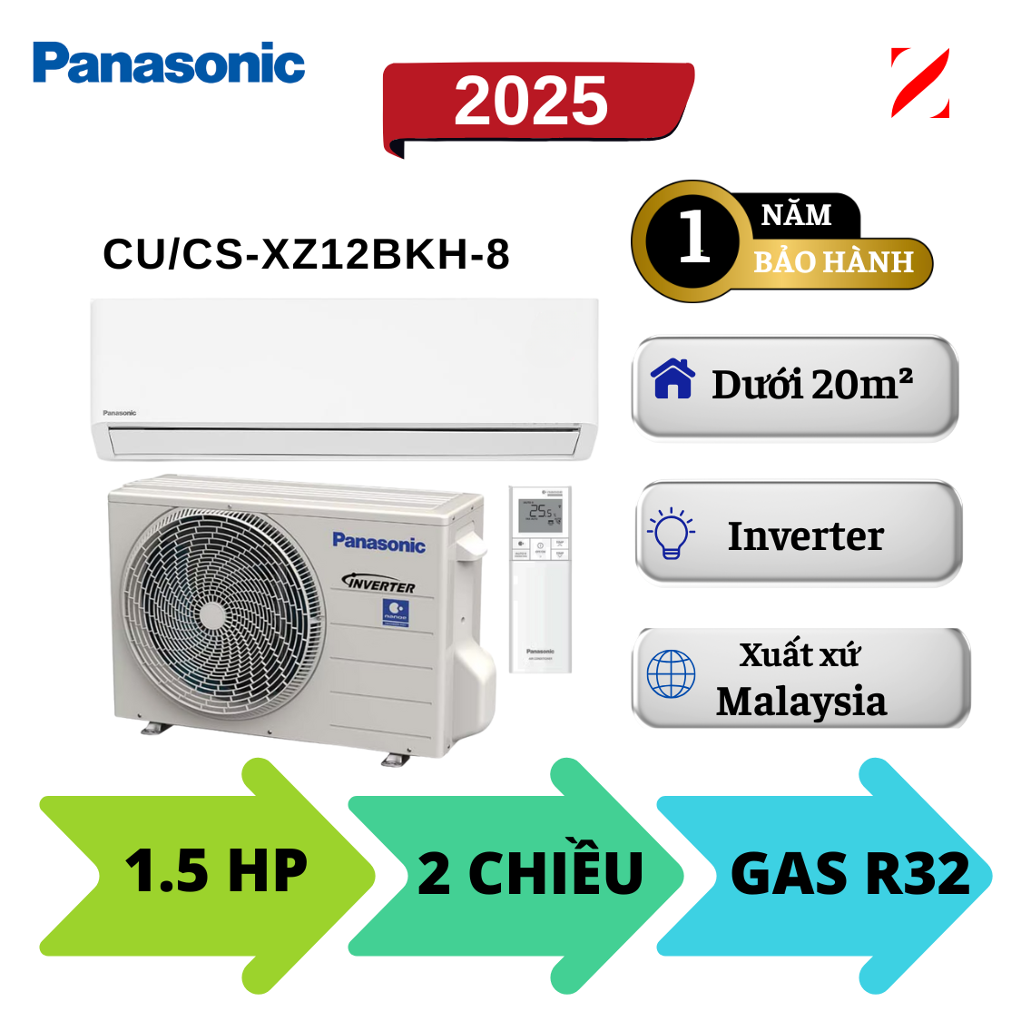 Máy lạnh 2 chiều Panasonic Inverter 1.5HP CU/CS-XZ12BKH-8