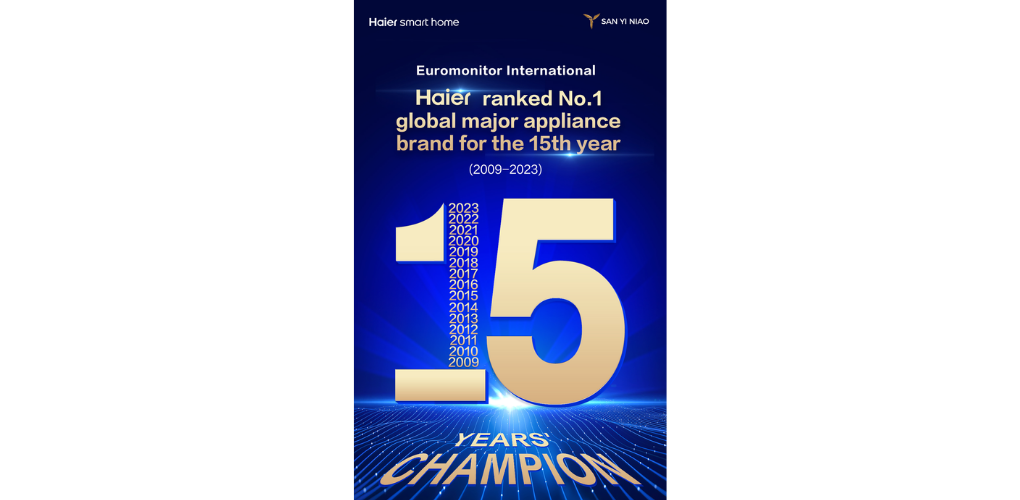 Haier được Euromonitor International vinh danh là thương hiệu thiết bị gia dụng lớn số 1 toàn cầu trong 14 năm liên tiếp