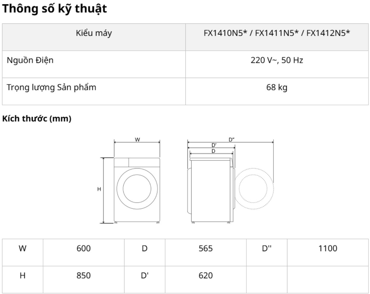 Thông số kỹ thuật của máy giặt cửa trước LG Inverter FX14 10 - 11 -12 kg