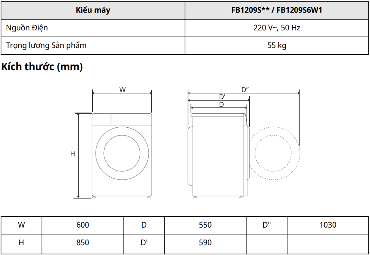 Thông số kích thước máy giặt LG Inverter 9kg FB1209S5M