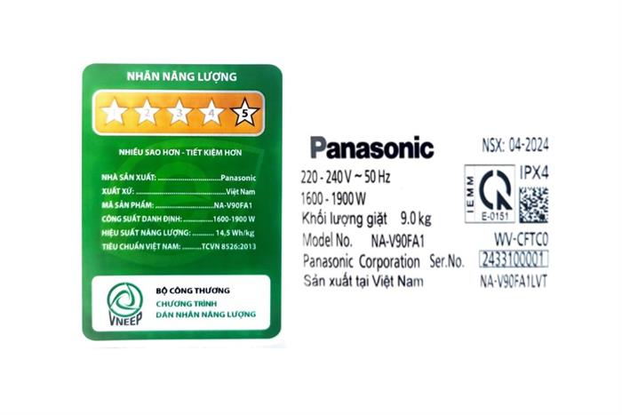 Nhãn năng lượng máy giặt cửa trước Panasonic Inverter 9kg NA-V90FA1LVT model 2024