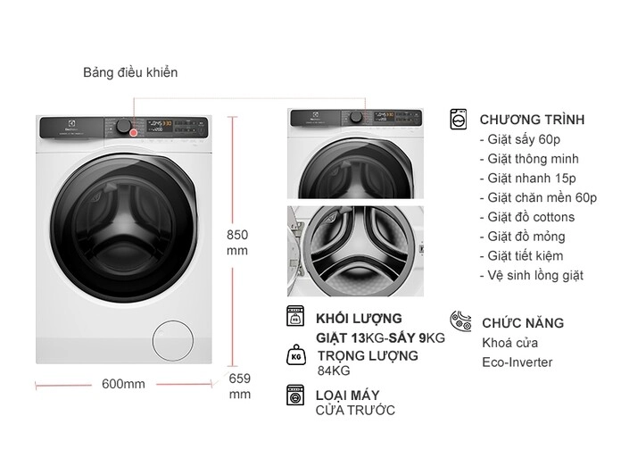 Thông tin máy giặt sấy Electrolux UltimateCare 700 Inverter giặt 13 kg - sấy 9 kg EWW1343R7WC