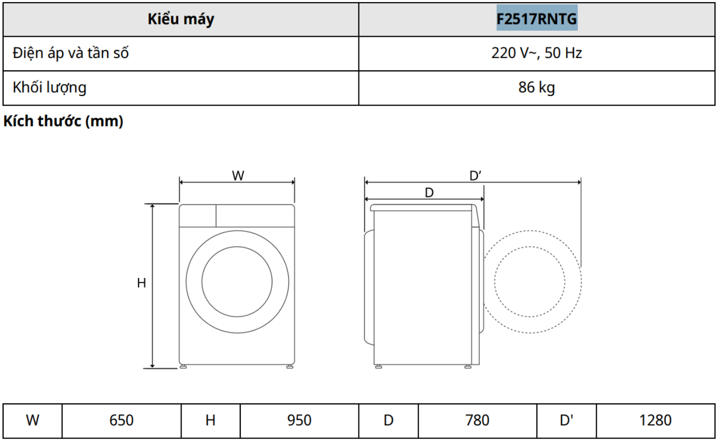 Thông số kỹ thuật máy giặt sấy LG Inverter giặt 17 kg - sấy 10 kg F2517RNTG