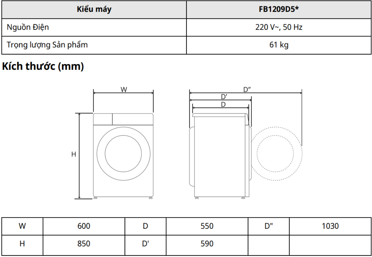 Thông số kỹ thuật cơ bản máy giặt sấy LG FB1209D5M