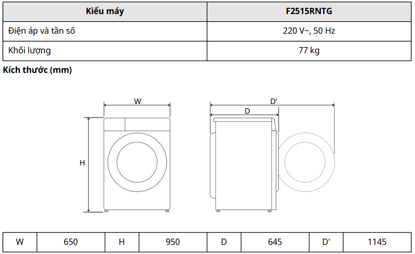 Thông số kỹ thuật máy giặt sấy LG Inverter giặt 15 kg - sấy 8 kg F2515RNTG
