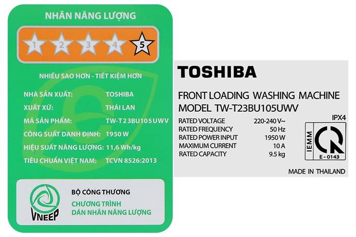 Nhãn năng lượng máy giặt cửa trước Toshiba Inverter 9.5kg TW-T23BU105UWV(MG)