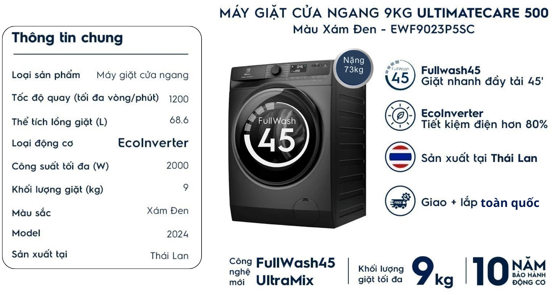 Máy giặt cửa ngang Electrolux Inverter 9kg EWF9023P5SC