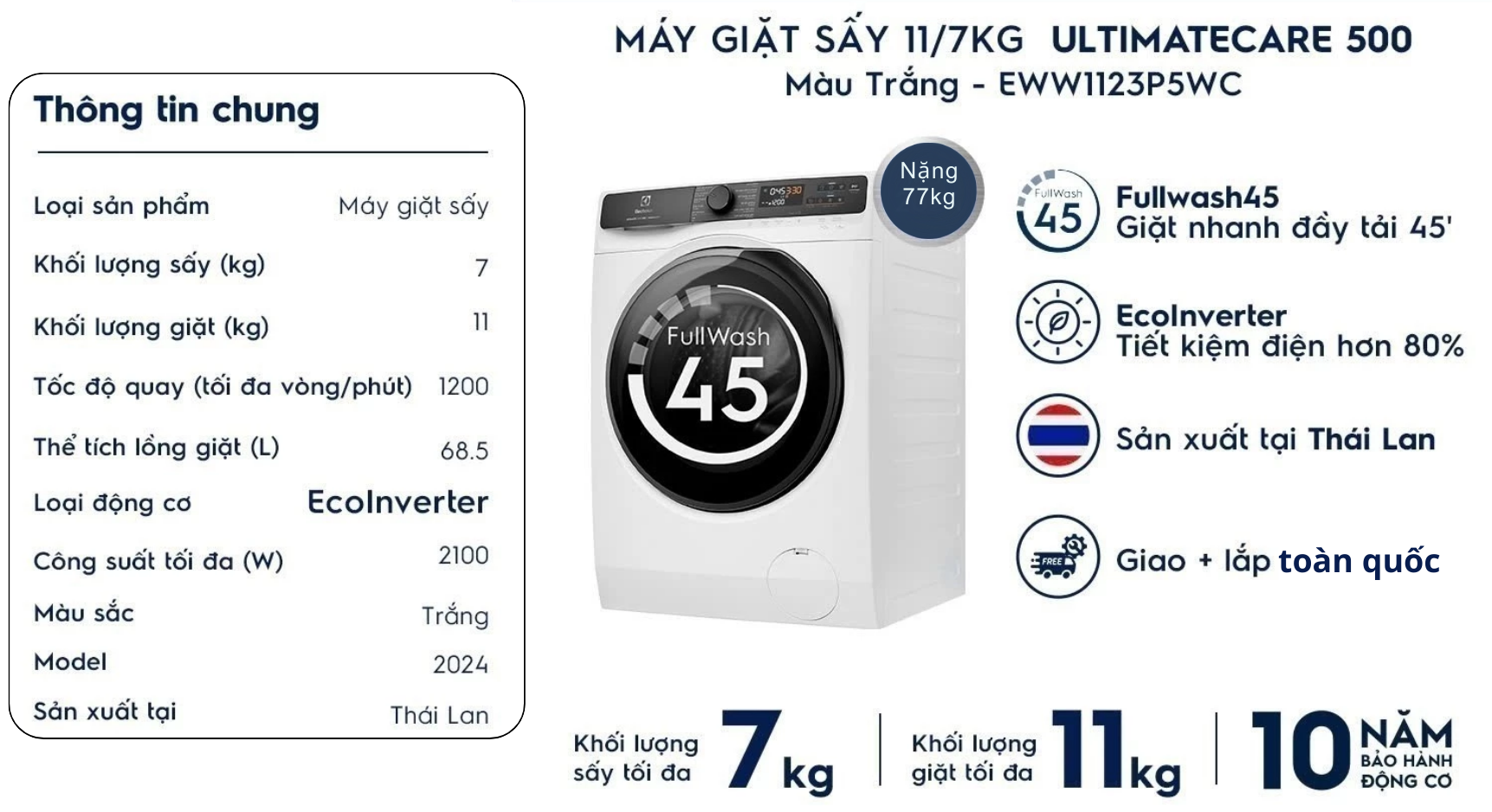 Đặc điểm nổi bật của máy giặt sấy Electrolux Inverter EWW1023P5SC