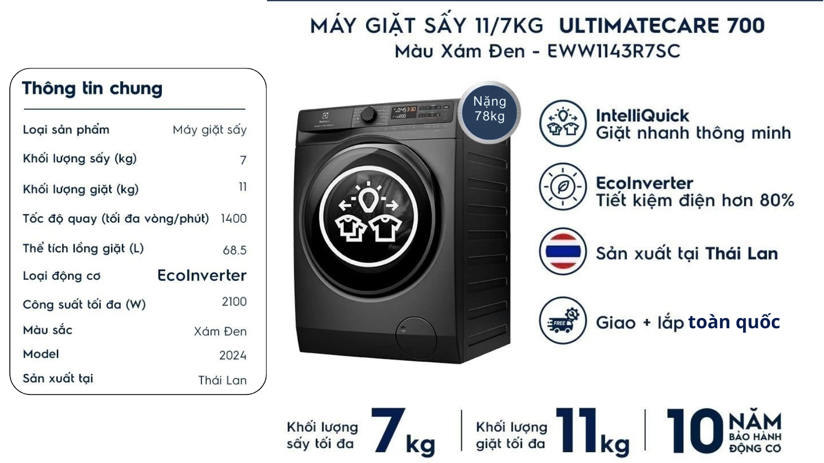 Đặc điểm nổi bật của máy giặt sấy Electrolux Inverter EWW1143R7SC