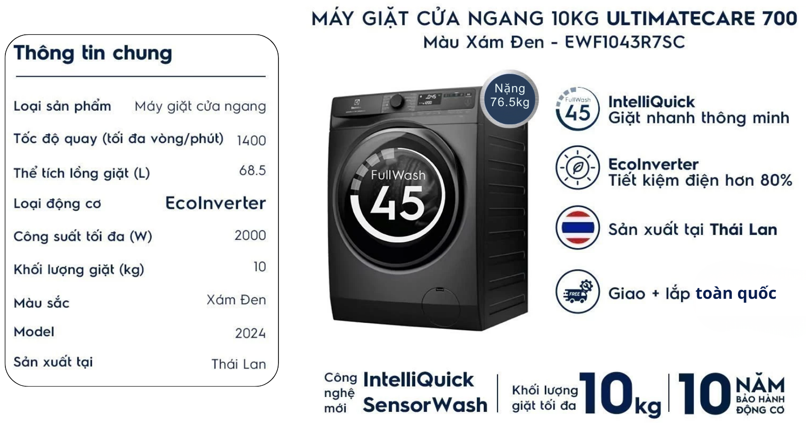 Máy giặt cửa trước Electrolux Inverter 10kg EWF1024D3WC UltimateCare 300