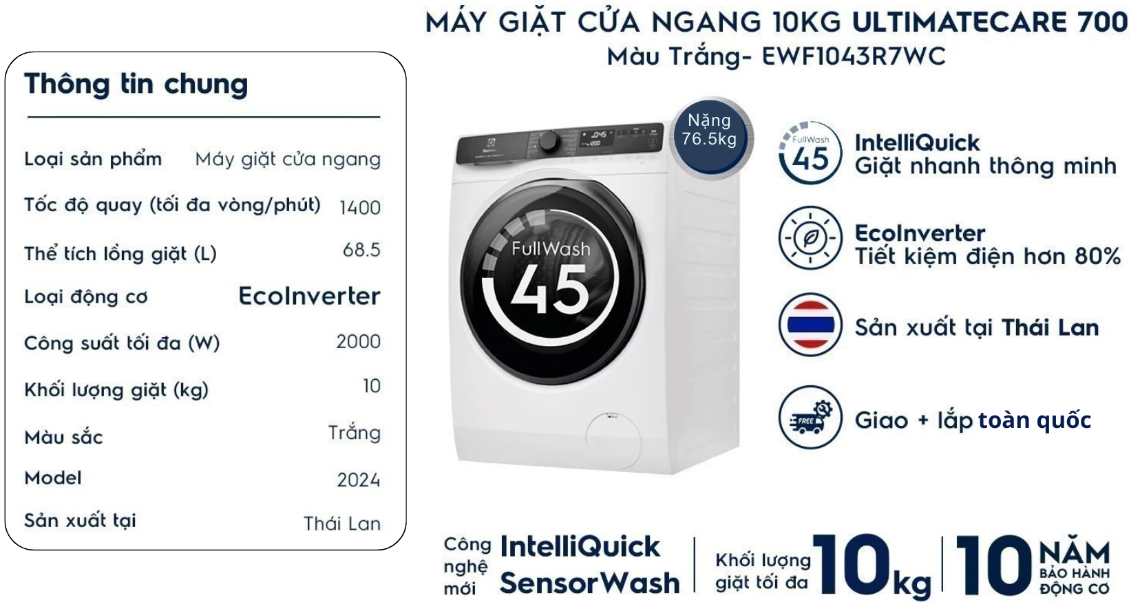 Thông tin máy giặt lồng ngang Electrolux Inverter 10kg EWF1043R7WC
