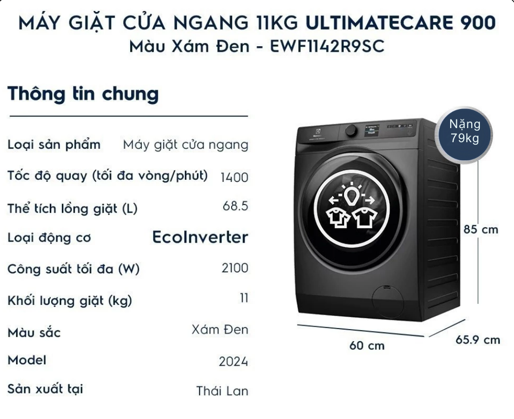 Máy giặt Electrolux Inverter 11kg EWF1142R9SC - Ảnh 3