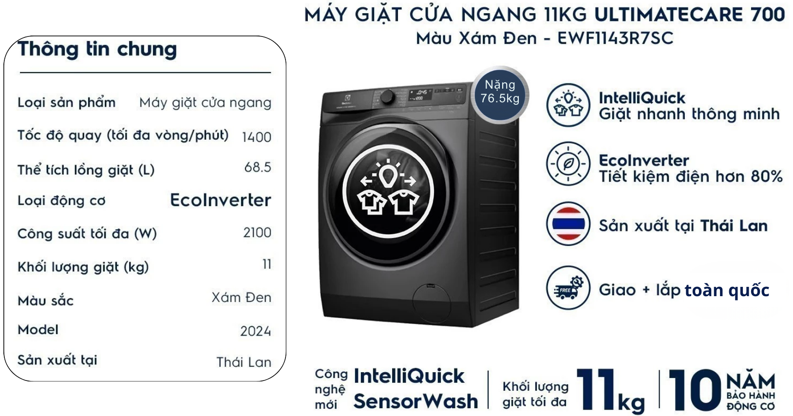 Máy giặt cửa trước Electrolux Inverter 11kg EWF1143R7SC UltimateCare 300 xám đen