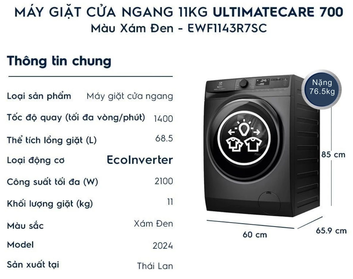 Máy giặt Electrolux Inverter 11kg EWF1143R7SC - Ảnh 3