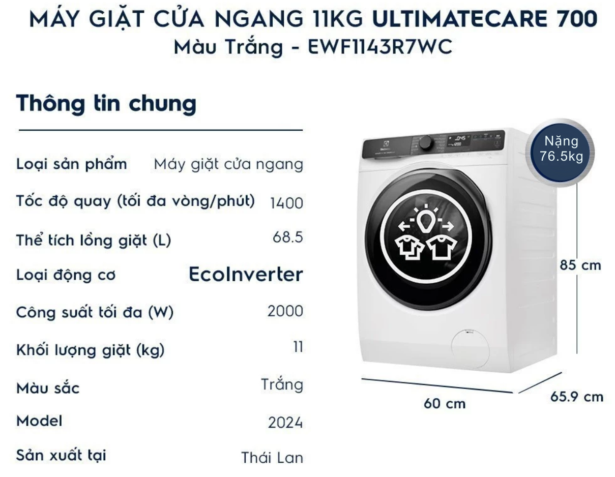 Máy giặt Electrolux Inverter 11kg EWF1143R7WC - Ảnh 3