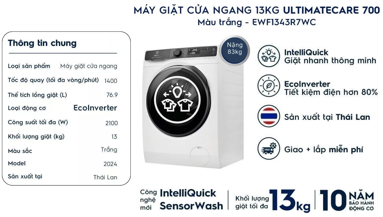 Máy giặt cửa trước Electrolux Inverter 13kg EWF1343R7WC