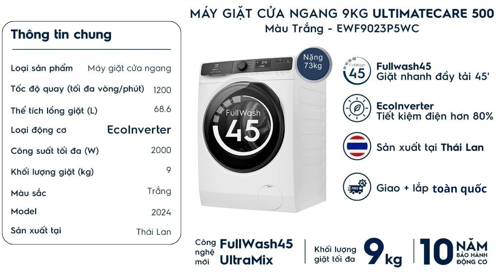 Máy giặt cửa ngang Electrolux Inverter 9kg EWF9023P5WC UltimateCare 500 trắng