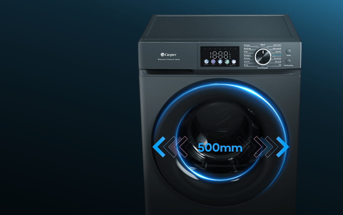 Cửa lồng giặt có đường kính lớn lên đến 500mm giúp thao tác cho và lấy đồ dễ dàng, đặc biệt tiện lợi khi giặt chăn mền hoặc quần áo dày nặng.