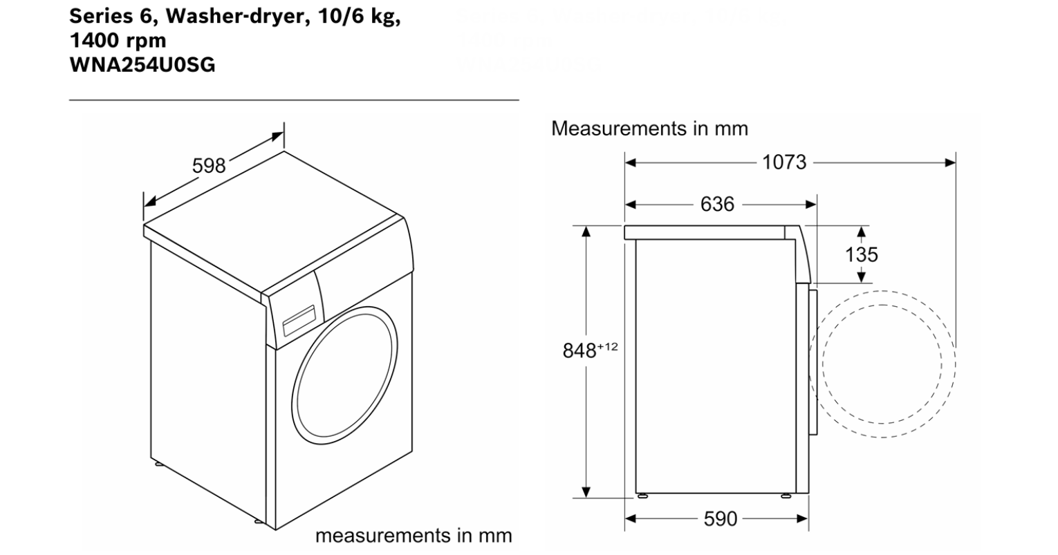 Kích thước máy giặt sấy Bosch WNA254U0SG giặt 10kg sấy 6kg Serie 6
