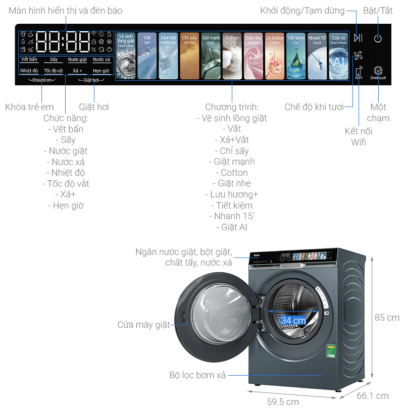 Thông tin máy giặt sấy Haier Inverter giặt 14 kg - sấy 8 kg HWD140-BD14387GNU1