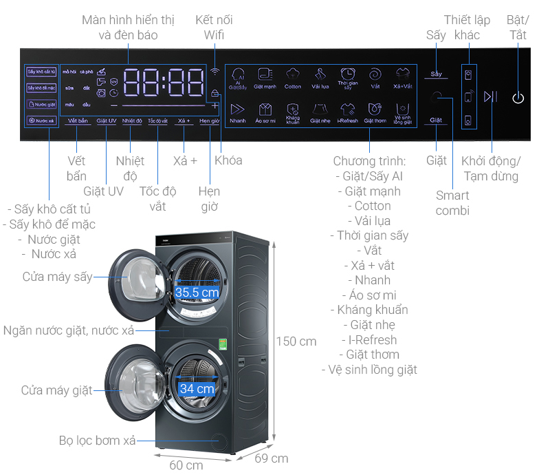 Thông tin tháp giặt sấy Haier HWD140-BD14LCU1L(GN)