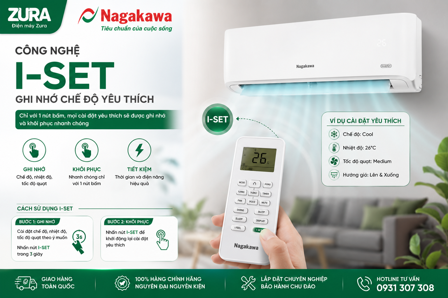 Công nghệ ghi nhớ chế độ yêu thích I-Set trên máy lạnh Nagakawa
