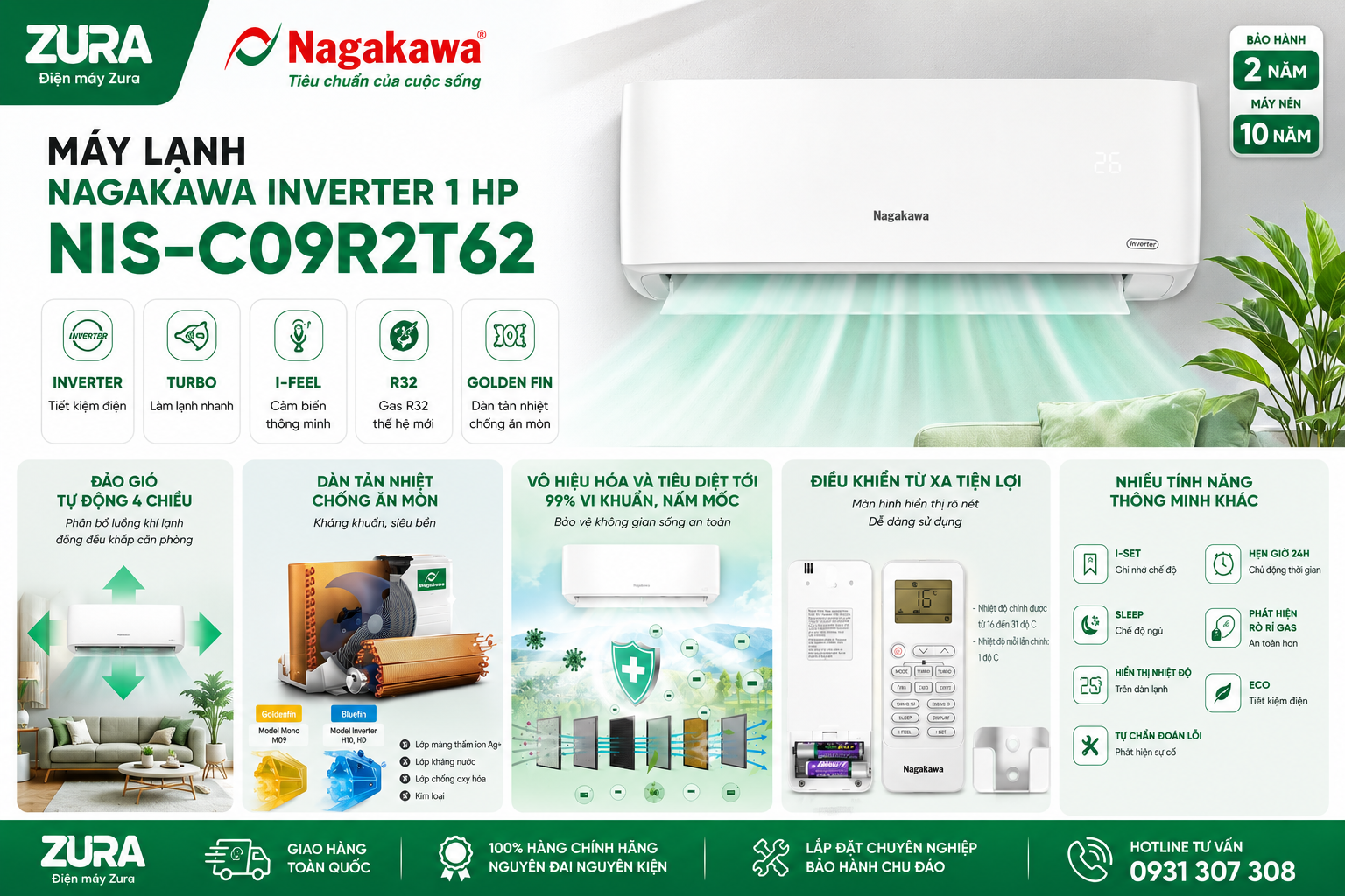 Máy lạnh Nagakawa Inverter 1 HP NIS-C09R2T62 đang được bán tại điện máy ZURA